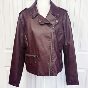 New York & Company Burgundy Maroon Faux Leather Knit Moto Jacket Large